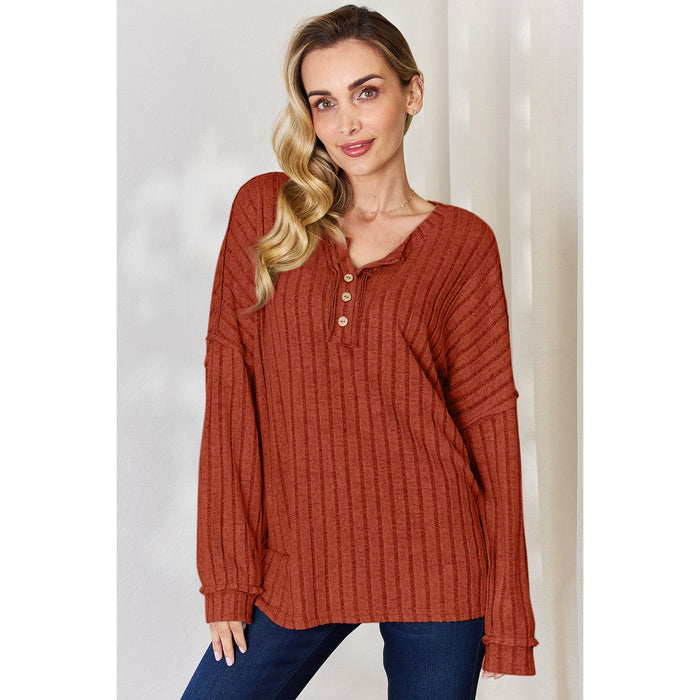 Basic Bae Ribbed Half Button Long Sleeve T-Shirt