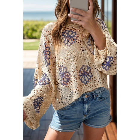 Openwork Round Neck Long Sleeve Knit Top