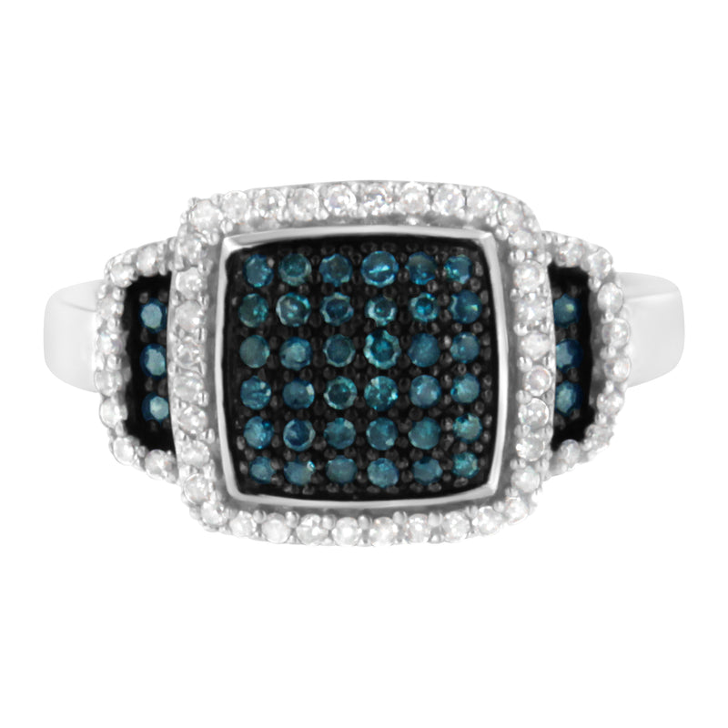 Bids.com Black Rhodium Plated .925 Sterling Silver 1/2 Cttw White & Blue Diamond Square Halo Cocktail Ring (Fancy Blue & H-I Color, I2-I3 Clarity) - SIze 6 Rings