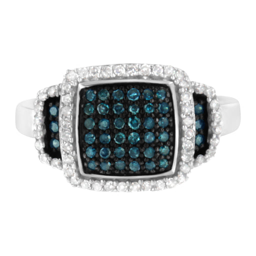 Bids.com Black Rhodium Plated .925 Sterling Silver 1/2 Cttw White & Blue Diamond Square Halo Cocktail Ring (Fancy Blue & H-I Color, I2-I3 Clarity) - SIze 6 Rings