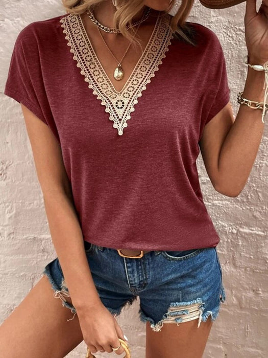 Lace Detail V-Neck Short Sleeve T-Shirt