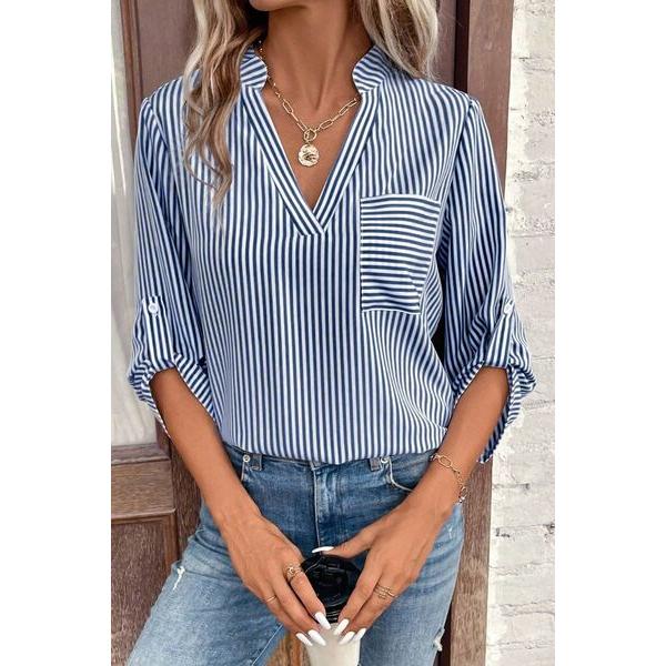 Striped Notched Roll-Tab Sleeve Shirt