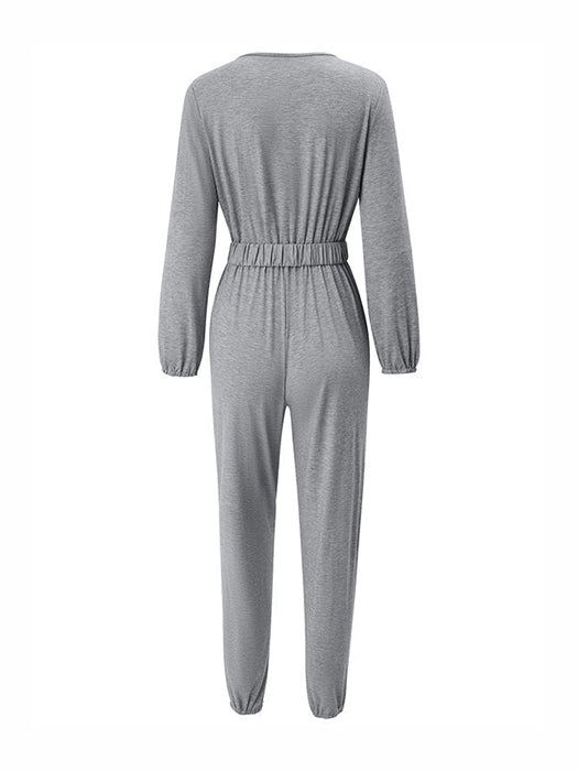 Long Sleeves Belted Elasticity V-Neck Jumpsuits by migunica