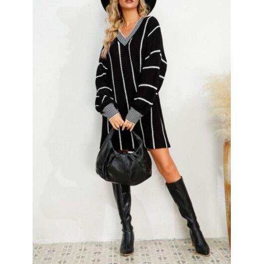 Striped V-Neck Long Sleeve Mini Dress