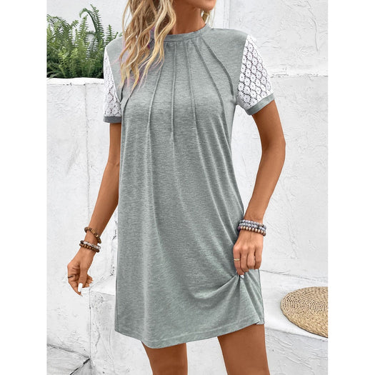 Lace Detail Round Neck Short Sleeve Mini Dress