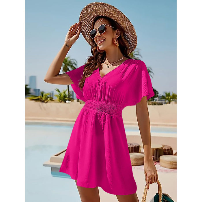 Smocked V-Neck Short Sleeve Dress