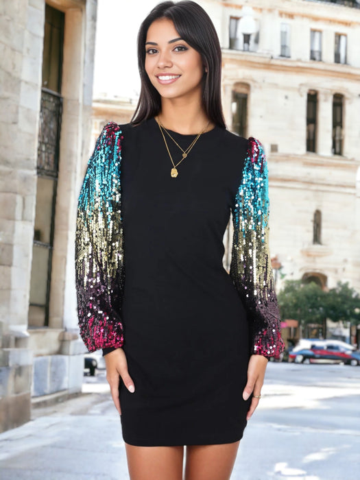 Confetti Sequin Bishop Long Sleeve Round Neck Pullover Dress by Anna-Kaci