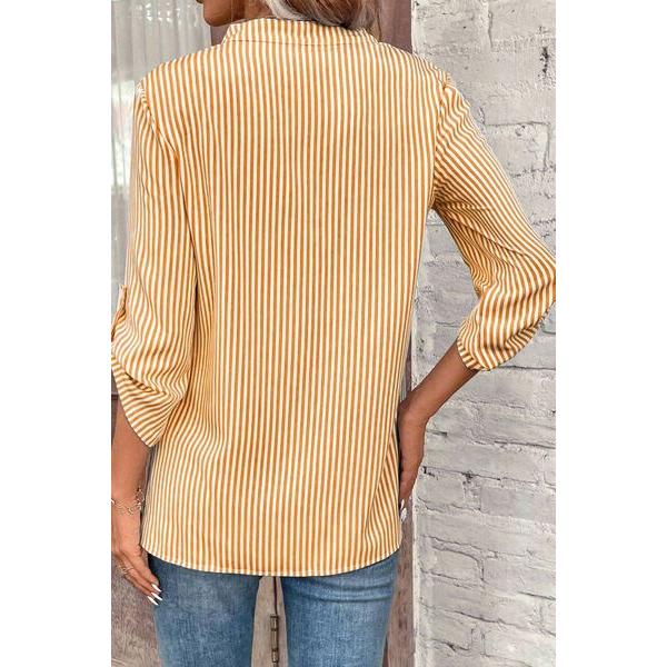 Striped Notched Roll-Tab Sleeve Shirt