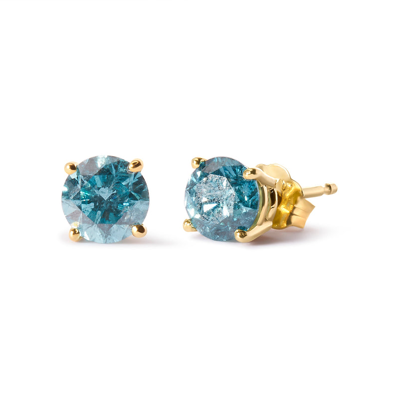 Bids.com 14K Yellow Gold 1.0 Cttw Treated Aqua Blue Diamond Classic Solitaire Stud Earrings (Aqua Blue Color, I2-I3 Clarity) Earrings