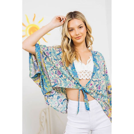 Light Woven Squared Open Kimono Cardigan With Tie