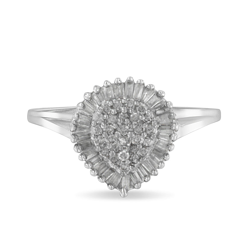Bids.com 10K White Gold 1/2 Cttw Round & Baguette Cut Diamond Pear Shaped Domed PavÃ© Cluster with Halo Cocktail Ring (H-I Color, SI1-SI2 Clarity) - Size 5 Rings