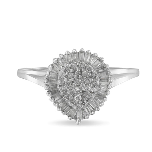 Bids.com 10K White Gold 1/2 Cttw Round & Baguette Cut Diamond Pear Shaped Domed PavÃ© Cluster with Halo Cocktail Ring (H-I Color, SI1-SI2 Clarity) - Size 5 Rings