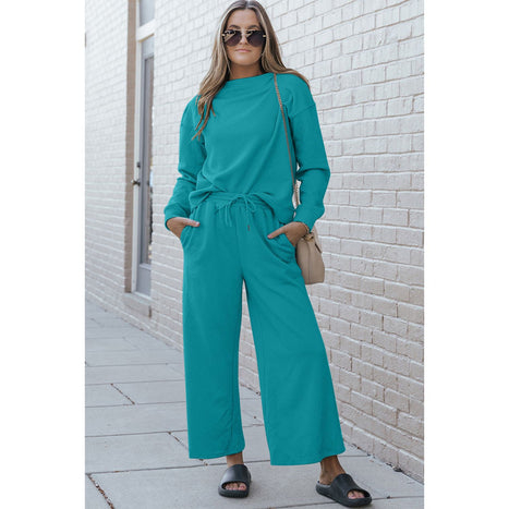 Double Take | Textured Long Sleeve Top and Drawstring Pants Set