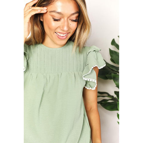 Double Take Pleated Detail Flutter Sleeve Blouse