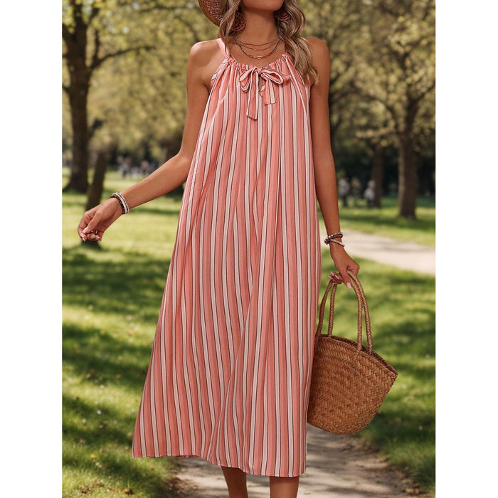 Striped Tie Neck Midi Cami Dress