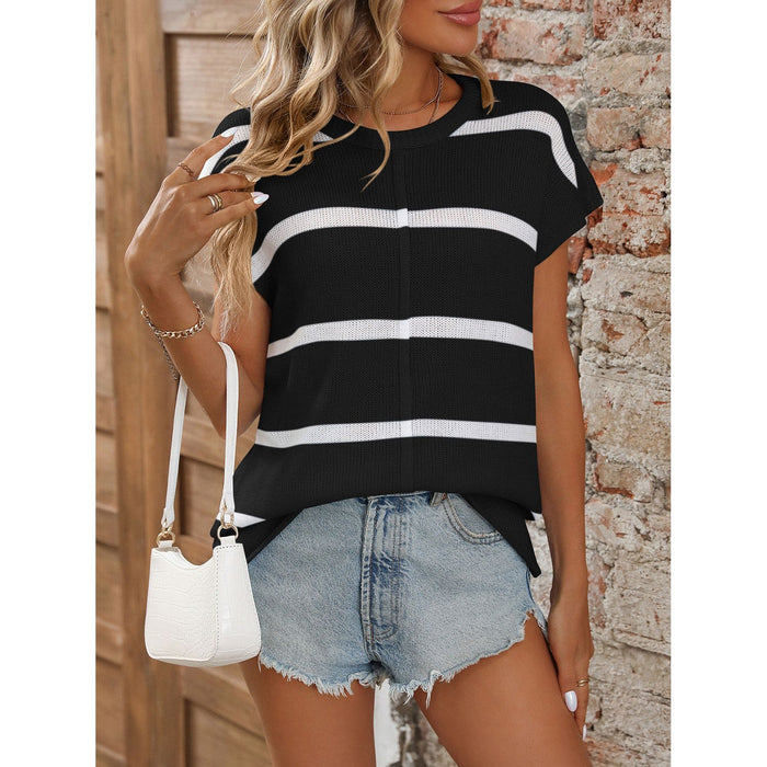 Striped Round Neck Short Sleeve Knit Top