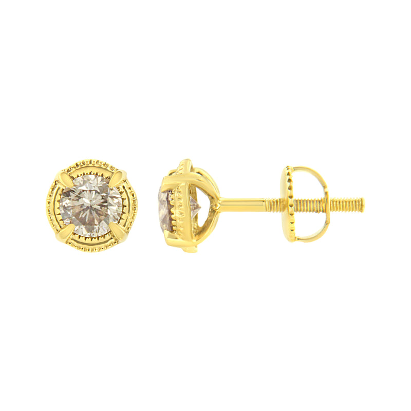 Bids.com 14K Yellow Gold Plated .925 Sterling Silver 1.0 Cttw Round Brilliant Cut Diamond Solitaire Milgrain Stud Earrings (K-L Color, I2-I3 Clarity) Earrings