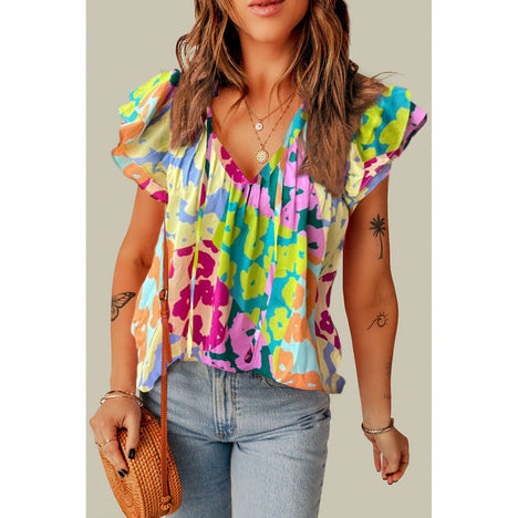 Ruffled Printed Tie Neck Cap Sleeve Blouse