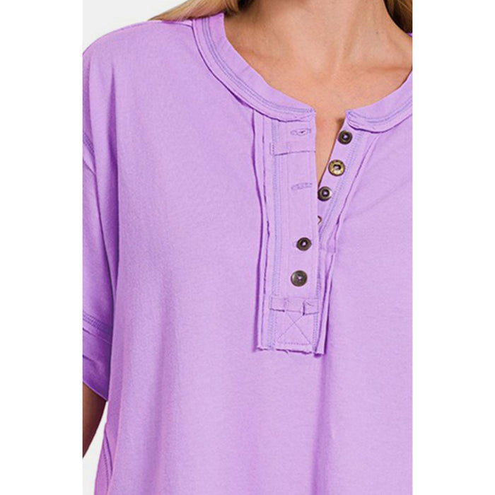 Zenana Exposed Seam Half Button Short Sleeve Top