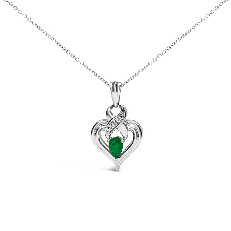 Bids.com .925 Sterling Silver 6x4mm Pear Emerald and Diamond Accent Heart Pendant Necklace (H-I Color, SI1-SI2 Clarity) - 18 Inches Necklaces