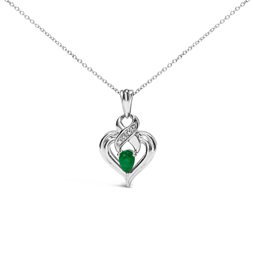 Bids.com .925 Sterling Silver 6x4mm Pear Emerald and Diamond Accent Heart Pendant Necklace (H-I Color, SI1-SI2 Clarity) - 18 Inches Necklaces
