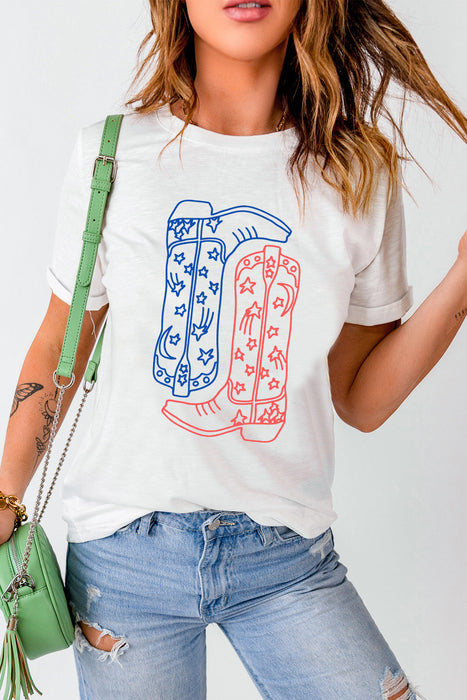 Boot Graphic Round Neck Short Sleeve T-Shirt in White