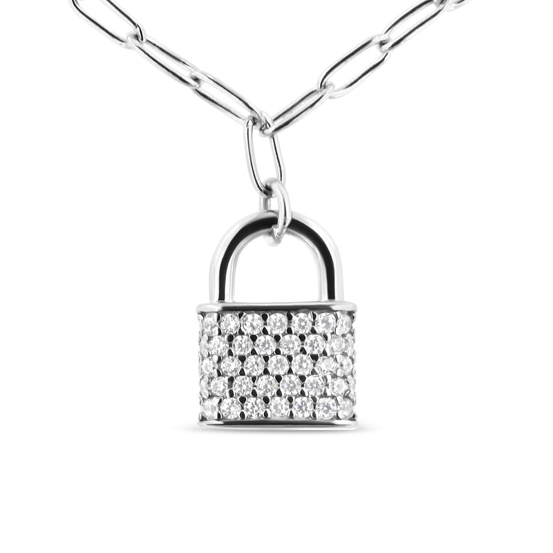 Bids.com .925 Sterling Silver 1/4 Cttw Diamond Lock 18" Pendant Necklace with Paperclip Chain (H-I Color, SI2-I1 Clarity) Necklaces