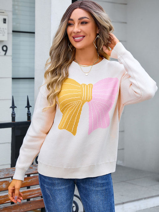 Bow Round Neck Dropped Shoulder Sweater