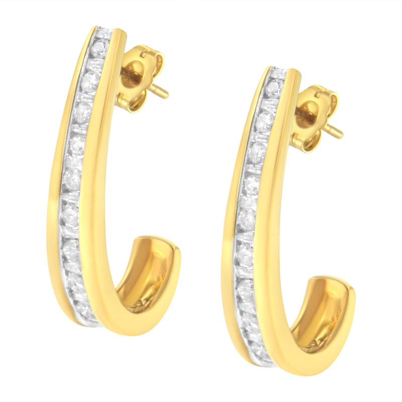 Bids.com 10K Yellow Gold 1 cttw Channel Set Diamond J-Hoop Earrings (H-I Clarity, I1-I2 Color) Earrings