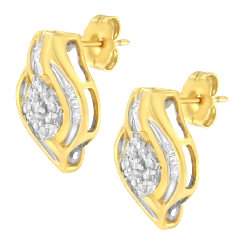 Bids.com 10K Yellow Gold 1/3 cttw Round-Cut Diamond Cluster and Swirl Stud Earrings (J-K Clarity, I2-I3 Color) Earrings