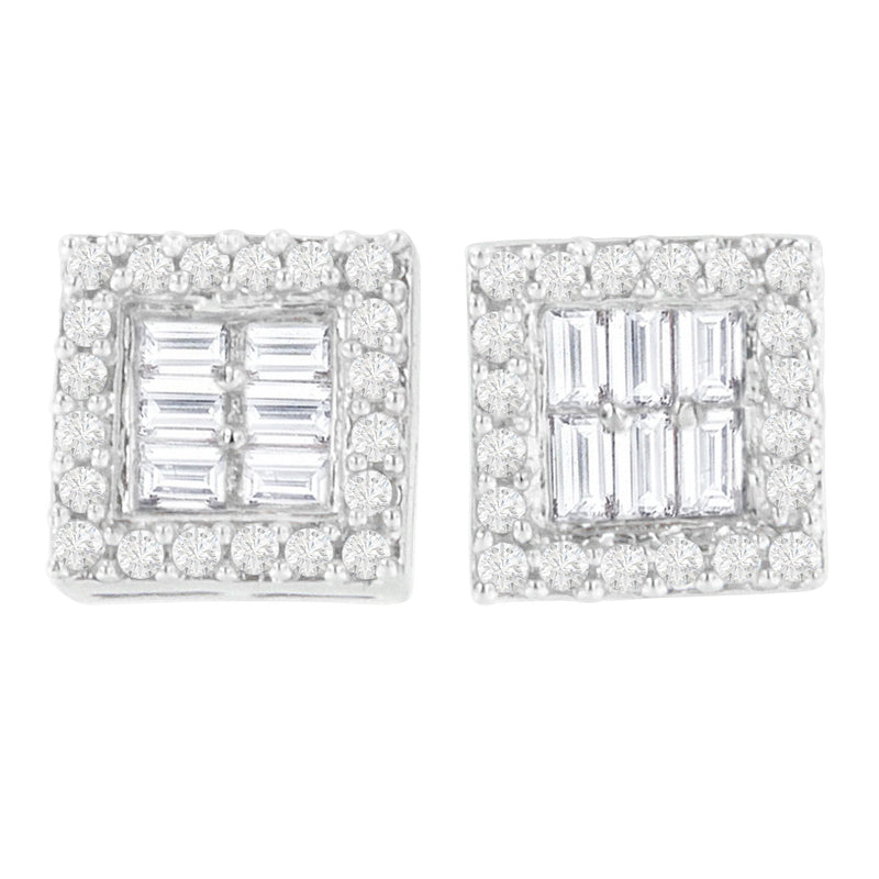 Bids.com 14K White Gold 1 cttw Round and Baguette Diamond Stud Earrings (H-I, SI1-SI2) Earrings