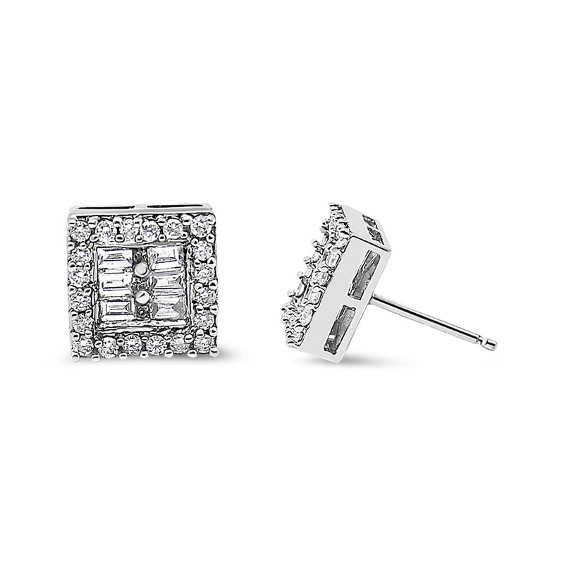 Bids.com 14K White Gold 1 cttw Round and Baguette Diamond Stud Earrings (H-I, SI1-SI2) Earrings