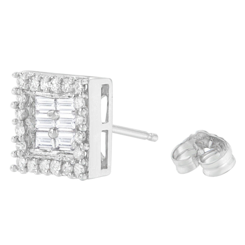 Bids.com 14K White Gold 1 cttw Round and Baguette Diamond Stud Earrings (H-I, SI1-SI2) Earrings