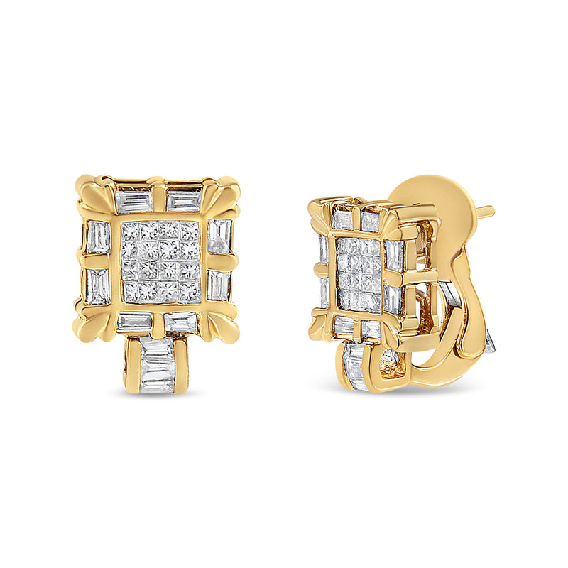 Bids.com 14K Yellow Gold 7/8 Cttw Princess and Baguette-Cut Diamond Square Framed Huggie Hoop Omega Earrings (H-I Color, SI1-SI2 Clarity) Earrings