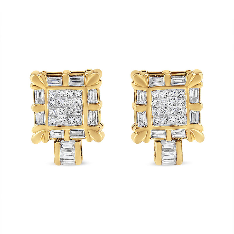 Bids.com 14K Yellow Gold 7/8 Cttw Princess and Baguette-Cut Diamond Square Framed Huggie Hoop Omega Earrings (H-I Color, SI1-SI2 Clarity) Earrings
