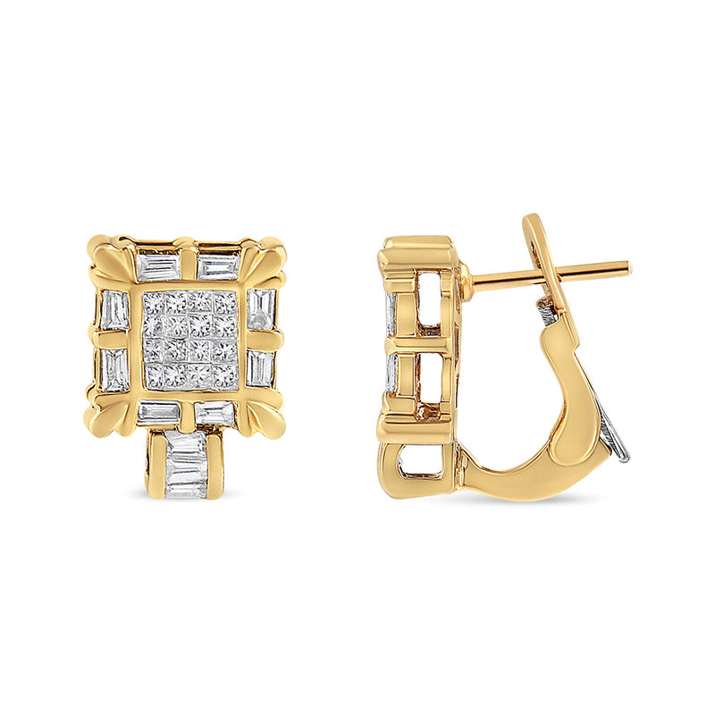 Bids.com 14K Yellow Gold 7/8 Cttw Princess and Baguette-Cut Diamond Square Framed Huggie Hoop Omega Earrings (H-I Color, SI1-SI2 Clarity) Earrings
