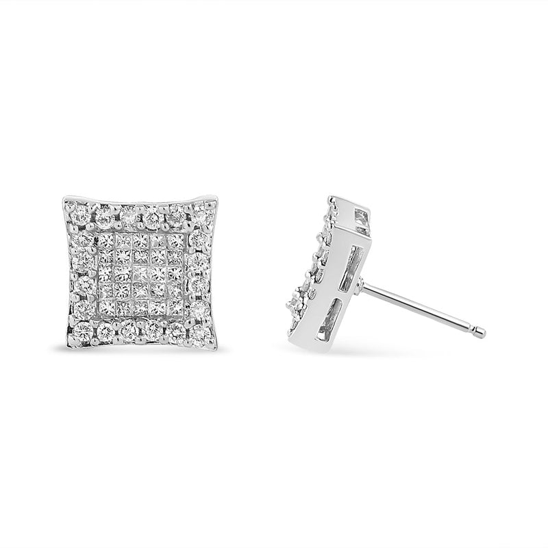 Bids.com 18K White Gold 1.00 Cttw Round and Princess-Cut Diamond Halo Square Stud Earring (G-H Color, SI1-SI2 Clarity) Earrings