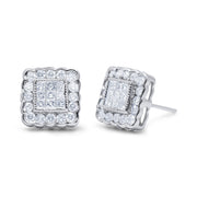 Bids.com 14K White Gold 1.0 Cttw Round Brilliant & Princess Cut Diamond Scallop-Edge Framed Square Halo Stud Earrings (G-H Color, SI1-SI2 Clarity) Earrings