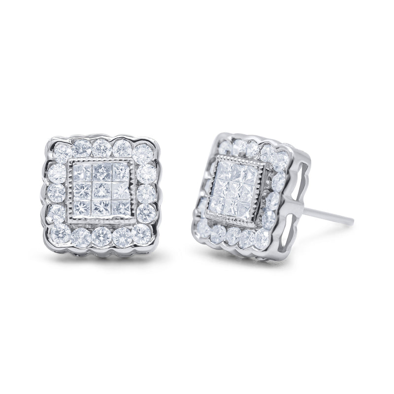 Bids.com 14K White Gold 1.0 Cttw Round Brilliant & Princess Cut Diamond Scallop-Edge Framed Square Halo Stud Earrings (G-H Color, SI1-SI2 Clarity) Earrings