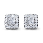 Bids.com 14K White Gold 1.0 Cttw Round Brilliant & Princess Cut Diamond Scallop-Edge Framed Square Halo Stud Earrings (G-H Color, SI1-SI2 Clarity) Earrings