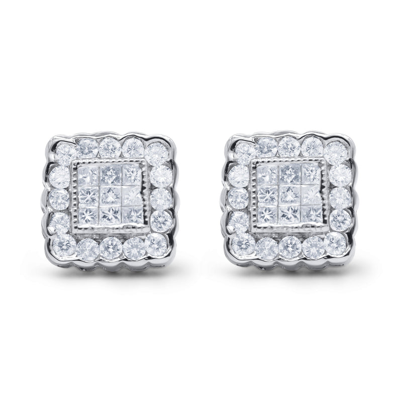 Bids.com 14K White Gold 1.0 Cttw Round Brilliant & Princess Cut Diamond Scallop-Edge Framed Square Halo Stud Earrings (G-H Color, SI1-SI2 Clarity) Earrings