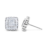 Bids.com 14K White Gold 1.0 Cttw Round Brilliant & Princess Cut Diamond Scallop-Edge Framed Square Halo Stud Earrings (G-H Color, SI1-SI2 Clarity) Earrings