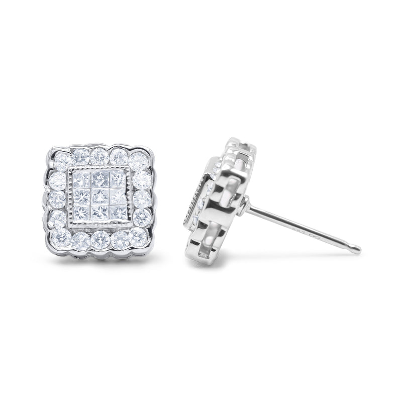 Bids.com 14K White Gold 1.0 Cttw Round Brilliant & Princess Cut Diamond Scallop-Edge Framed Square Halo Stud Earrings (G-H Color, SI1-SI2 Clarity) Earrings