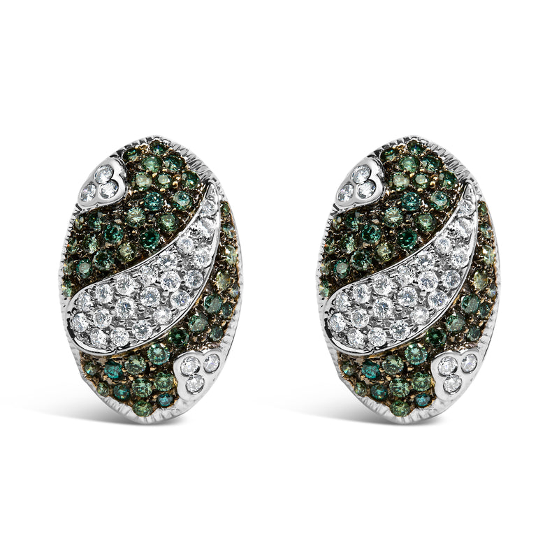 Bids.com 14K White Gold 2.00 Cttw White and Treated Blue Diamond Oval Shield Omega Back Earrings (H-I Color, SI1-SI2 Clarity) Earrings