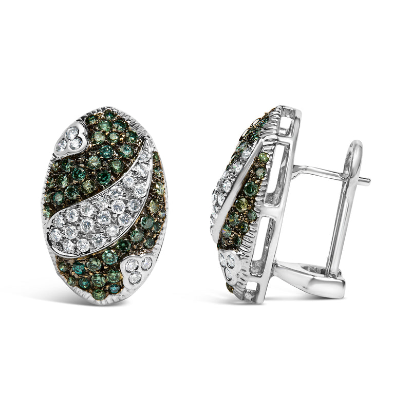 Bids.com 14K White Gold 2.00 Cttw White and Treated Blue Diamond Oval Shield Omega Back Earrings (H-I Color, SI1-SI2 Clarity) Earrings