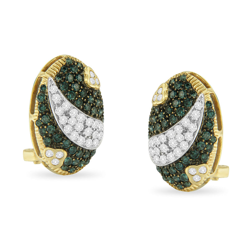 Bids.com Black and White Rhodium over 14K Yellow Gold 2-1/10 Cttw White and Blue Diamond Oval Omega Back Stud Earrings (H-I and Blue Color, SI1-SI2 Clarity) Earrings