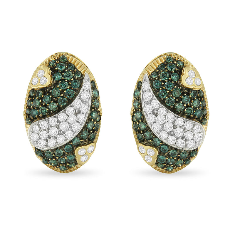 Bids.com Black and White Rhodium over 14K Yellow Gold 2-1/10 Cttw White and Blue Diamond Oval Omega Back Stud Earrings (H-I and Blue Color, SI1-SI2 Clarity) Earrings