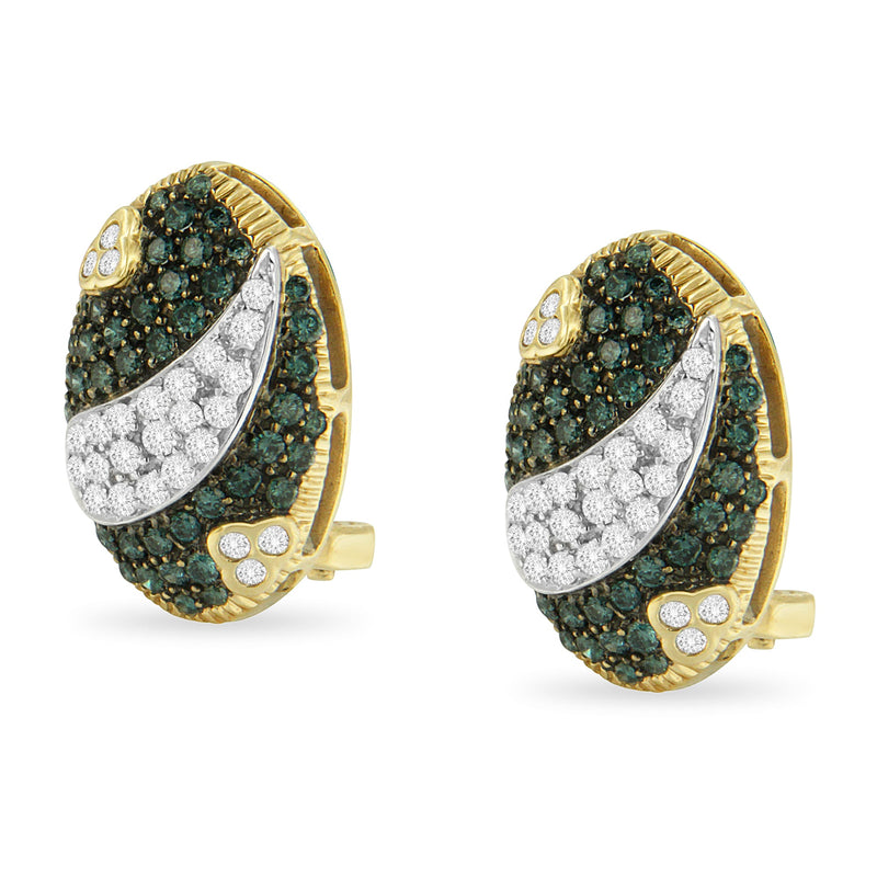 Bids.com Black and White Rhodium over 14K Yellow Gold 2-1/10 Cttw White and Blue Diamond Oval Omega Back Stud Earrings (H-I and Blue Color, SI1-SI2 Clarity) Earrings