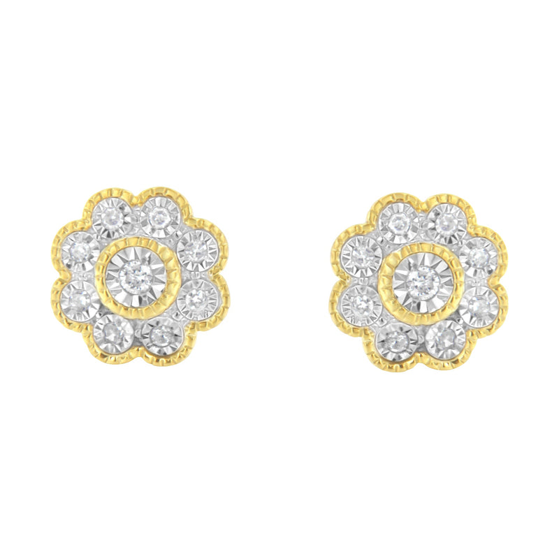 Bids.com 14K Yellow Gold Plated .925 Sterling Silver 1/6 Cttw Miracle-Plate Set Diamond Floral Stud Earrings (I-J Color, I2-I3 Clarity) Earrings
