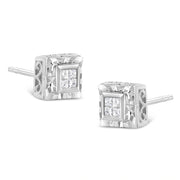 Bids.com .925 Sterling Silver 1/6 Cttw Invisible Set Princess-Cut Diamond Quad Composite Stud Earrings (H-I Color, I1-I2 Clarity) Earrings